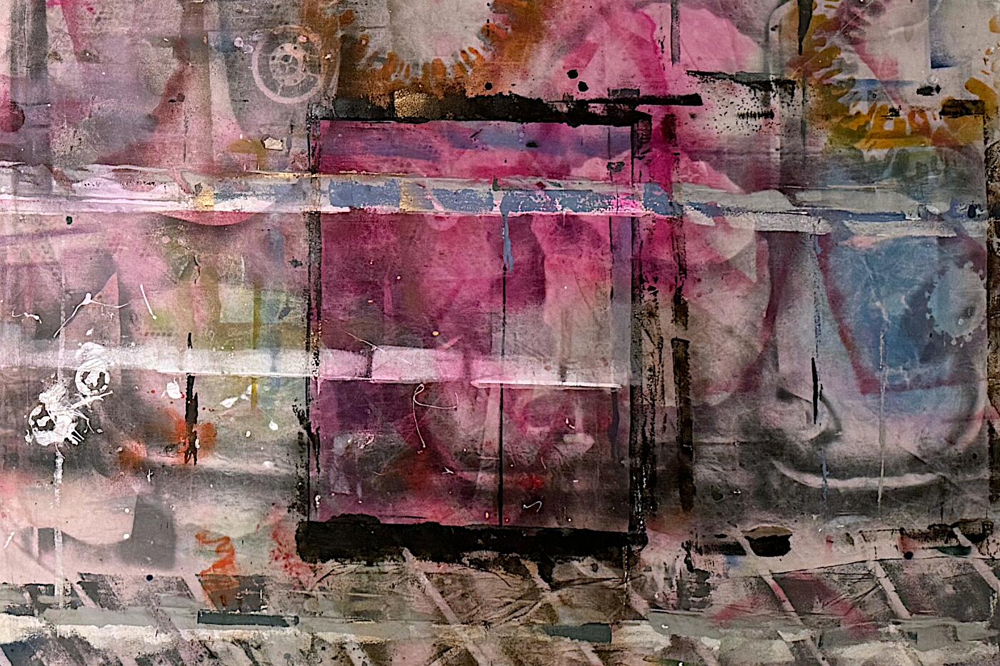 Dropcloth #1 (detail), 2024, mixed media on cloth, 10x5'
