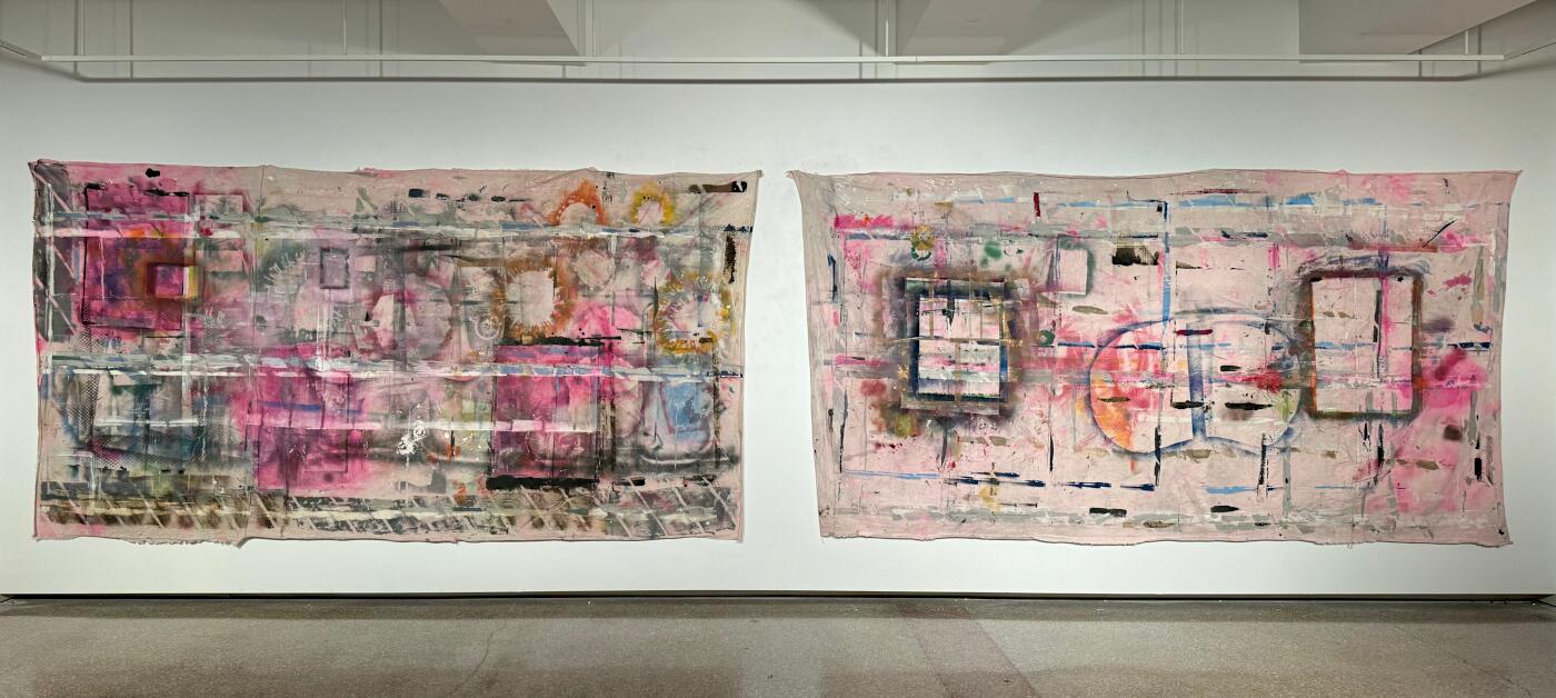 Left: Dropcloth #1, 2024, mixed media on cloth, 10x5’
Right: Dropcloth #2, 2024, mixed media on cloth, 10x5'